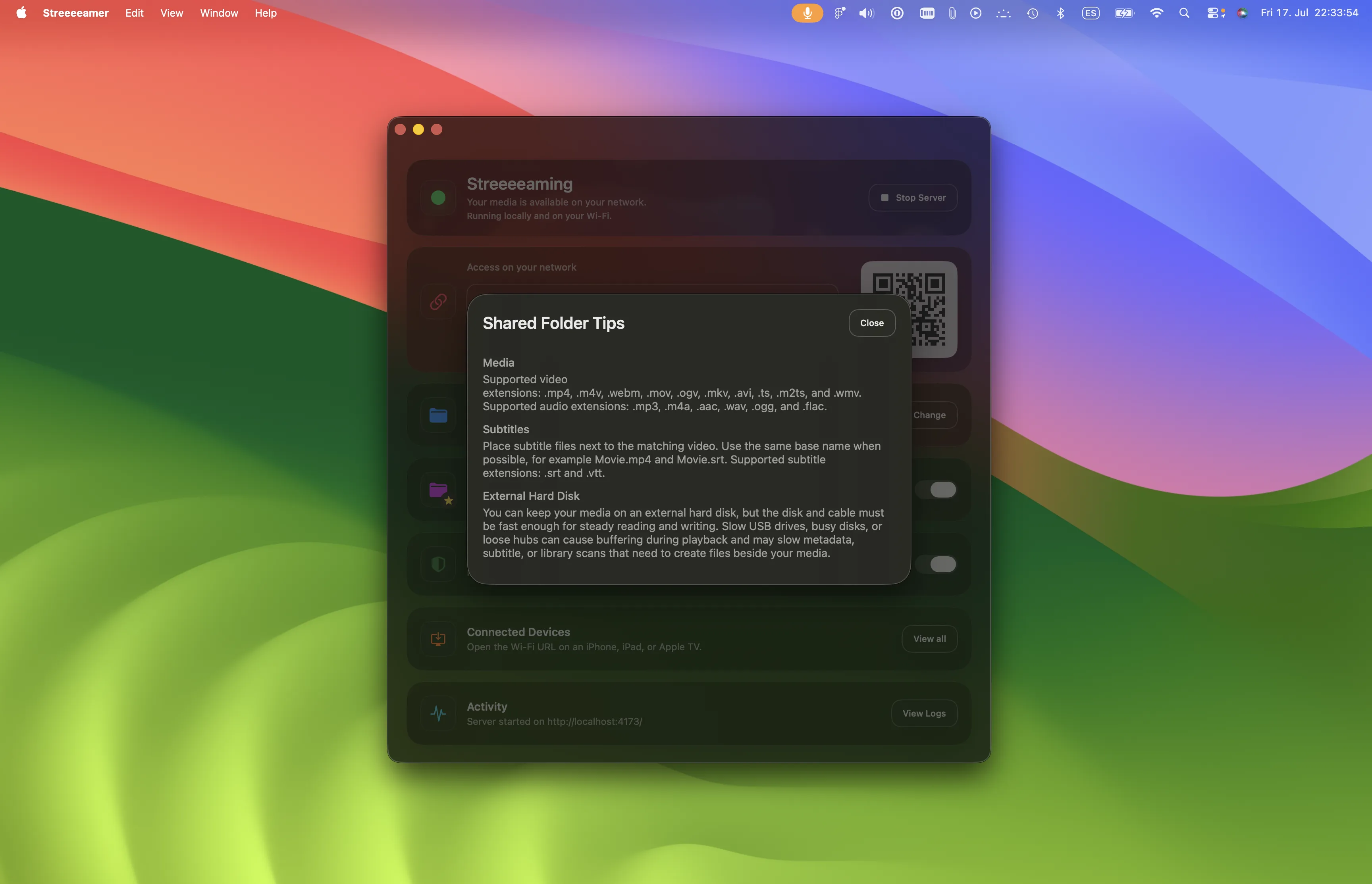 Shared Folder Tips in Streeeeamer, listing supported media, subtitle, and external drive guidance