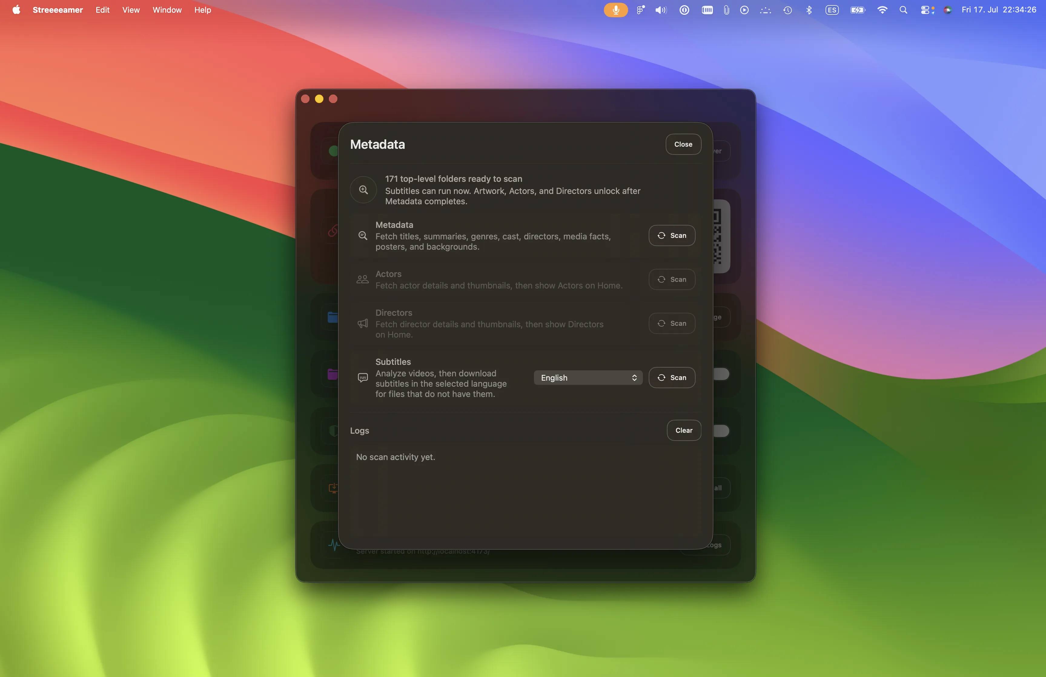 Metadata controls in Streeeeamer for scanning artwork, people, and subtitles