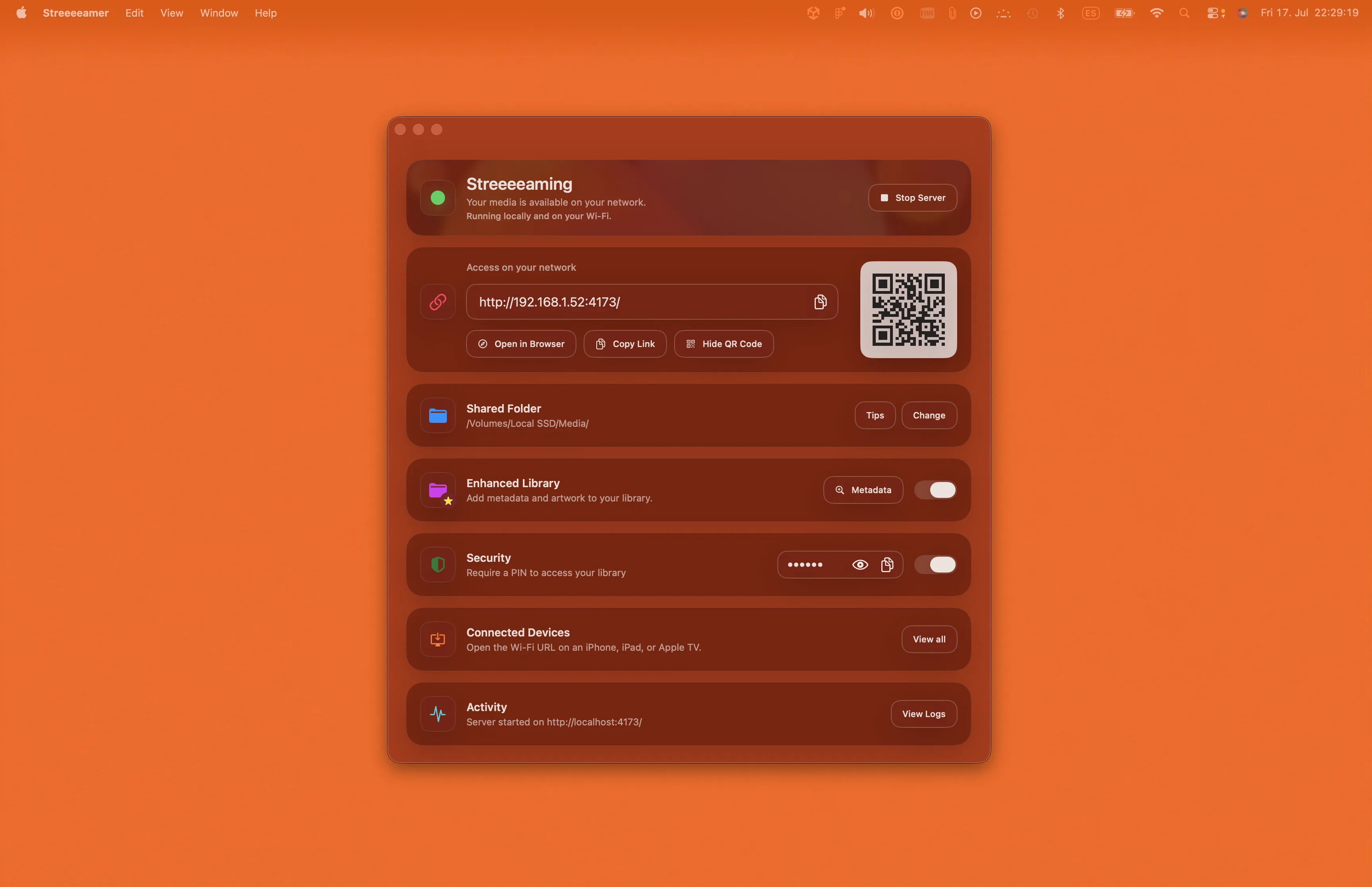 Streeeeamer server controls on an orange macOS desktop