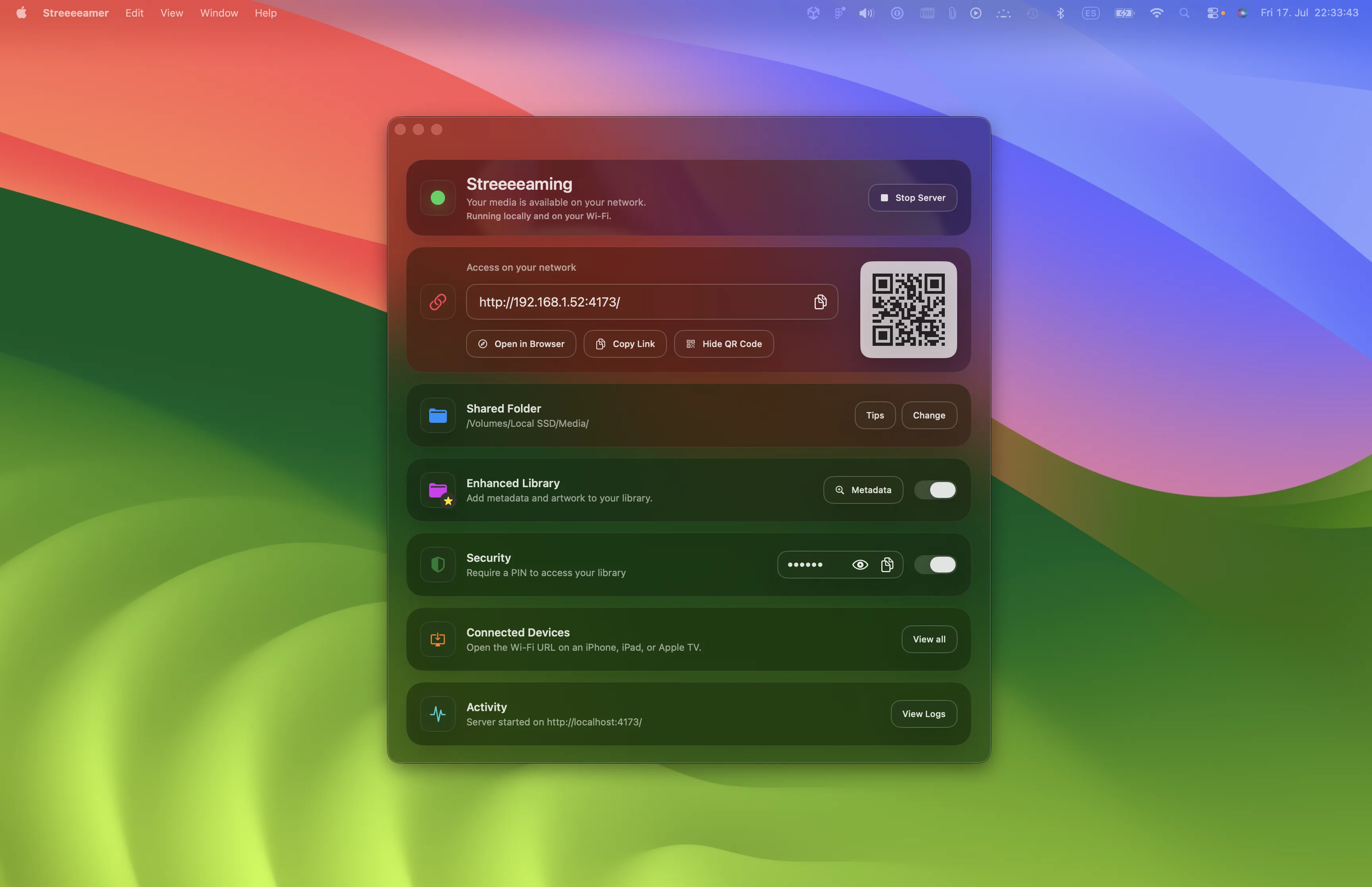 Streeeeamer running on macOS, showing the local server address, QR code, shared folder, security, connected devices, and activity