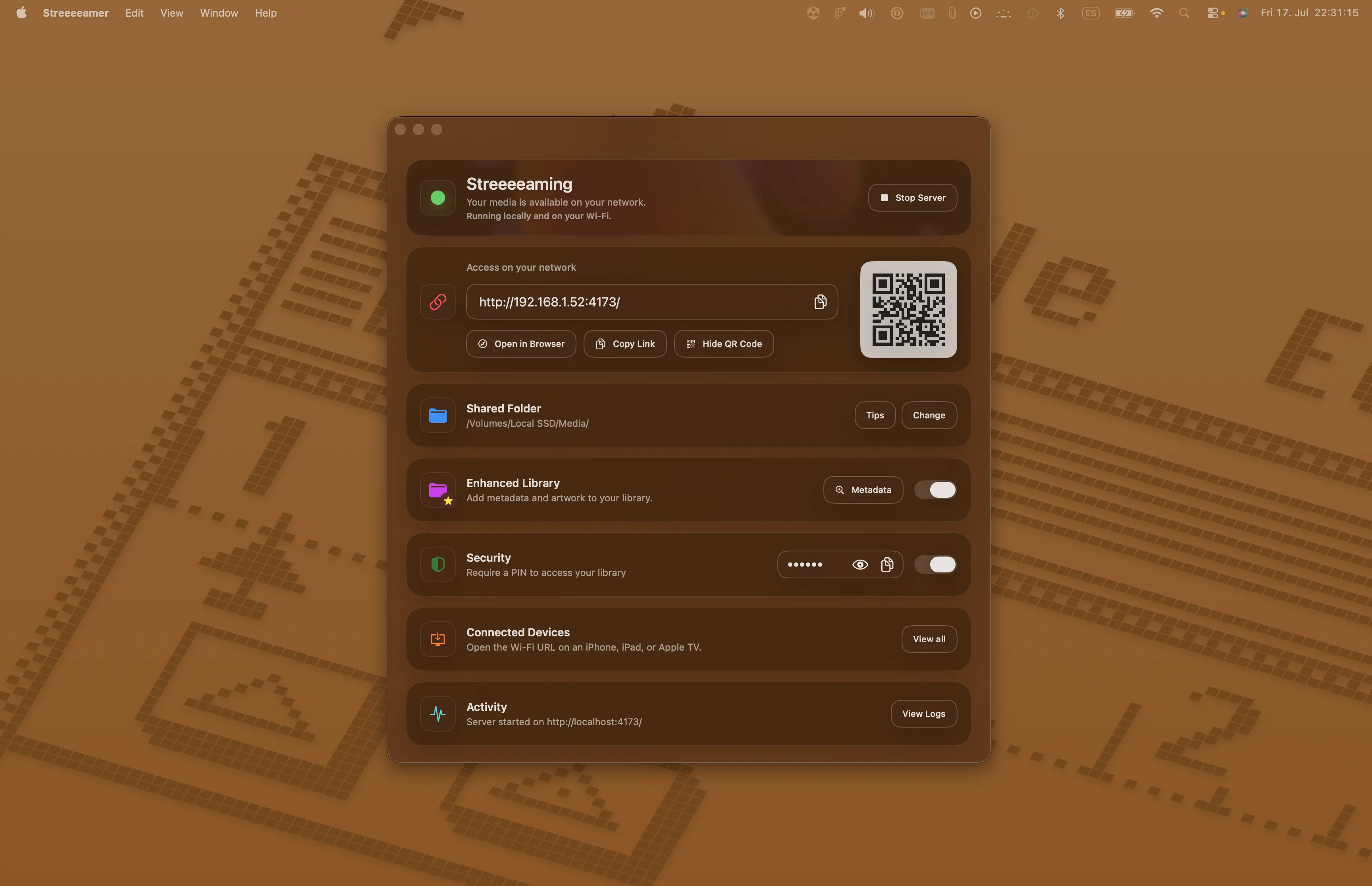 Streeeeamer server controls over a warm tinted macOS desktop